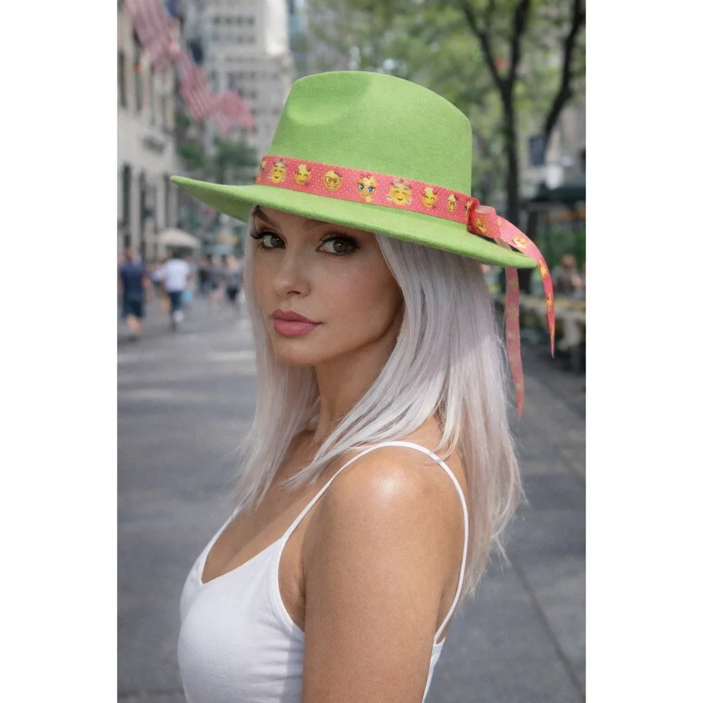 Fedora Hat Green Outside & Hot Pink‎ Inside with Pink Emoji Headband